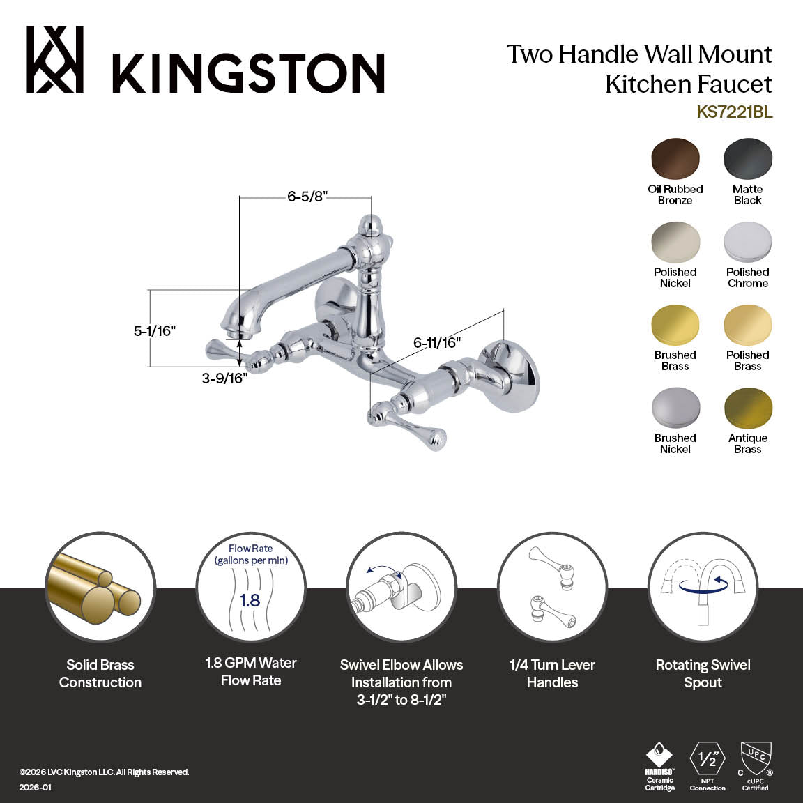 Kingston Tulare KS7225BL - English Country Two-Handle 2-Hole Wall Mount Bridge Kitchen Faucet, Oil Rubbed Bronze — thumbnail 2